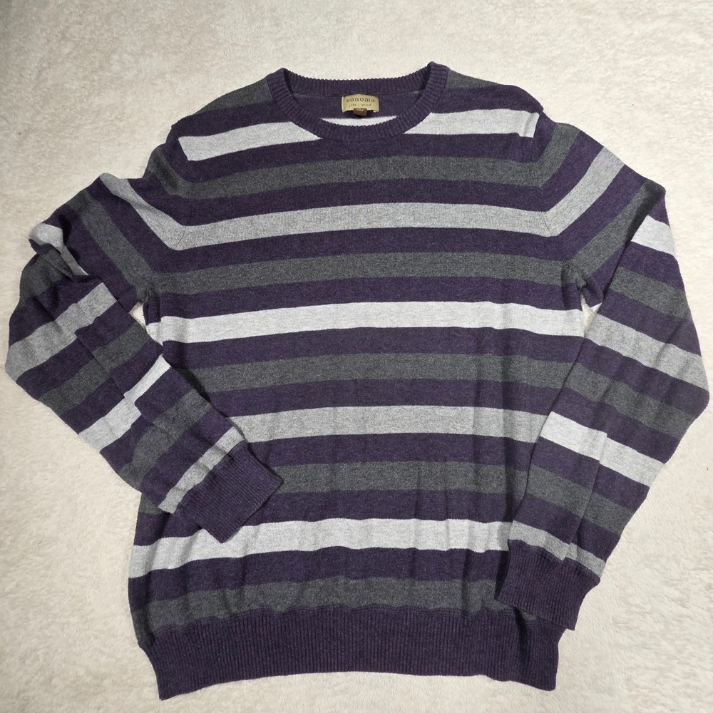 Sonoma‎ Striped Pullover Sweater Mens Large Purple Grey Cotton Excellent Knit